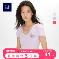Gap女装时尚短袖亲肤T恤夏季464035 E 莫代尔女士V领爱心印花上衣