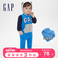 Gap婴儿可爱熊耳连帽连体衣497606 E 洋气拼接LOGO印花宝宝爬服