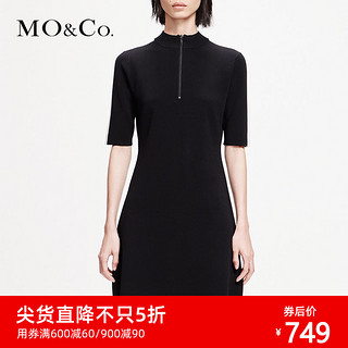 MOCO2019春季修身A字显瘦五分袖拼接拉链连衣裙MAI1DRS026 摩安珂
