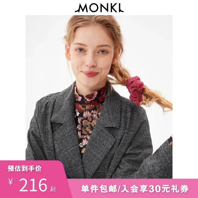 MONKI2020春季新款英伦风复古小西装灰色格子西装外套女 0720864