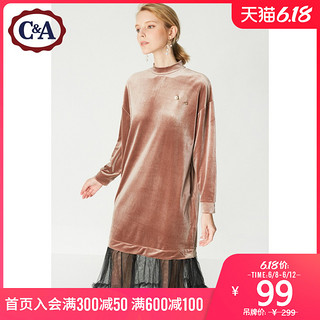 C&A珍珠胸针连衣裙女 秋冬网纱拼接金丝绒长裙CA200198750