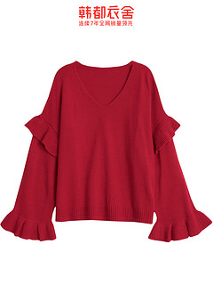 韩都衣舍2020新款女装春季V领车厘子红色喇叭袖针织衫毛衣GS8993