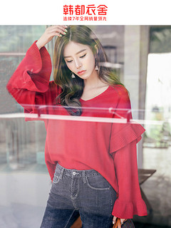 韩都衣舍2020新款女装春季V领车厘子红色喇叭袖针织衫毛衣GS8993
