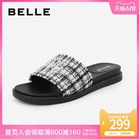百丽凉拖鞋女外穿夏季商场同款学院风格子布平底凉鞋BPKD7BT9