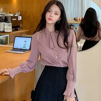 韩都衣舍2020春新款法式紫色小众上衣雪纺长袖领带衬衫女JQ01511