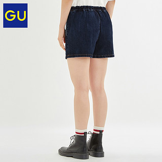 GU极优女装牛仔松紧不对称式短裤(水洗产品)复古纯棉短裤324198