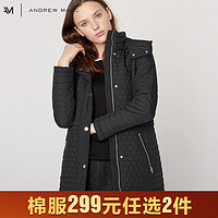 ANDREWMARC2019秋冬新款女装中长款修身显瘦纯色立领棉服外套女