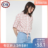 西雅衣家 C&AC&A纯棉肌理格子短款系带七分袖衬衫女士夏季薄款CA200217283-R0