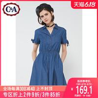 西雅衣家 C&A纯棉收腰休闲薄牛仔连衣裙女夏学生系结短袖中裙ECD119002-1