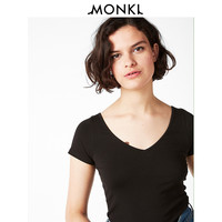MONKI夏季新款露背v领条纹薄款修身黑色打底衫短袖T恤女 0528179