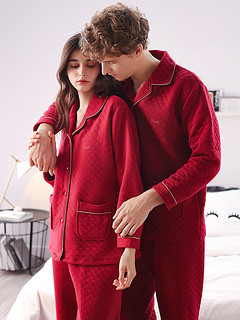 达尔丽秋冬季女士薄夹棉睡衣开衫针织红色喜庆本命年可外穿家居服