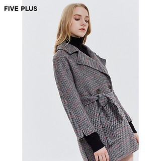 FIVE PLUS新款女装格子羊毛双面呢外套女中长款呢子大衣宽松长袖