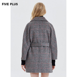 FIVE PLUS新款女装格子羊毛双面呢外套女中长款呢子大衣宽松长袖