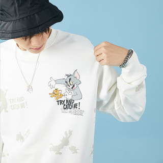 太平鸟男装猫和老鼠系列时尚新款白色圆领印花联名卫衣帅气套头衫