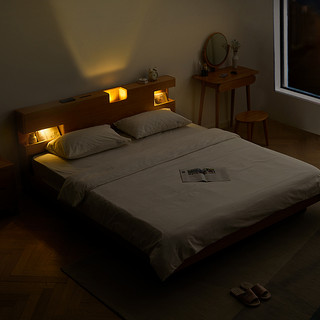 原始原素北欧实木床1.8米1.5现代简约带LED灯橡木双人床B6011清仓