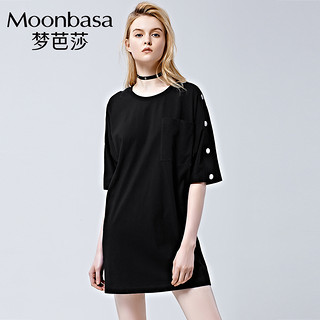 Moonbasa/梦芭莎宽松款肩部金属扣细节五分袖中长款连衣裙