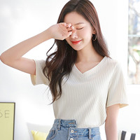 韩都衣舍2020夏装新款女装上衣打底体桖V领纯色短袖T恤JZ11209瑭