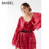 SNIDEL春夏 甜美花朵刺绣纯色花边系带喇叭袖衬衫SWFB182090