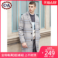 西雅衣家 C&A复古威尔士格纹西装领中长毛呢大衣男外套秋冬款CA200220979-1