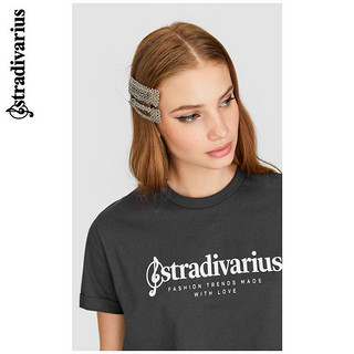 Stradivarius 黑色短袖圆领宽松短款LOGOT恤女大版潮 02614650250