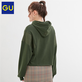 GU极优女装梭织拼接套头卫衣2019秋冬新款复古连帽宽松卫衣318937