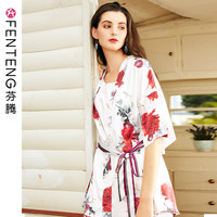 芬腾春秋睡衣女中袖仿真丝绸薄款宽松日系可爱冰丝家居服