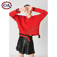 西雅衣家 C&AC＆A破洞贴布绣宽松短款毛衣女 针织V领上衣秋冬款CA200210362-R0