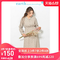 earthmusic春秋新款收腰复古碎花长袖连衣裙女1B91L0H0230