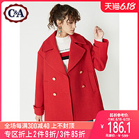 C&A复古金属双排扣翻领外套女士冬季红色羊毛呢大衣CA200210718