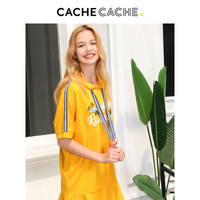CacheCache春夏新款连帽卫衣裙韩版宽松印花荷叶边短袖连衣裙女
