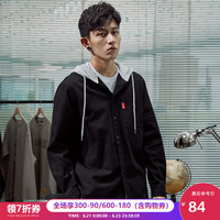 唐狮 TONLION早春纯黑连帽净色衬衫外套男孩基础简约青春活力外穿宽松上衣
