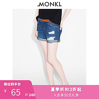 MONKI春夏女装磨白破洞街头风中腰蓝色时尚基础款牛仔短裤0266291