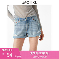 MONKI夏季 复古浅蓝色显瘦低腰短裤卷边破洞牛仔短裤女 0266291