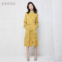 ERDOS 春夏原野繁花系列收腰系带蚕丝印花长袖衬衫式中长款连衣裙