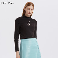 5+FIVE PLUS新款女装立领长袖T恤刺绣徽章图案打底衫套头仿珍珠饰
