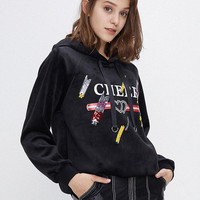 CacheCache宽松版卫衣女2019春秋新款少女黑色连帽卡通印花外套