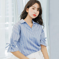 HSTYLE 韩都衣舍 夏装新款韩版条纹洋气潮上衣喇叭袖雪纺衫GS10035璎