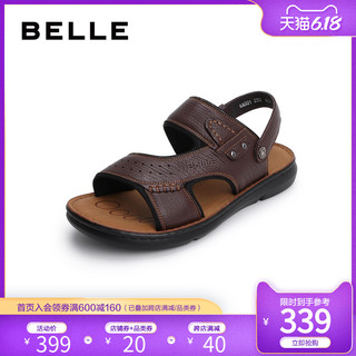 百丽休闲凉拖男夏季商场新款牛皮沙滩平底双穿凉鞋6AS01BL9