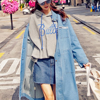 韩都衣舍2019秋装新款女韩版纯色长款开叉牛仔风衣外套KY10395.湲