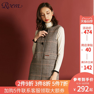 Roem秋冬淑女羊毛连衣裙女装格子背心裙复古修身短裙RCOW84T01C