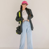 韩都衣舍2020夏季新款裤子宽松薄款浅色高腰阔腿拖地牛仔裤女婋