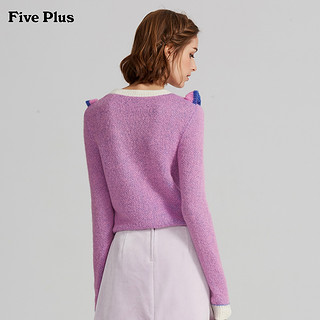 FIVE PLUS新款女装长袖套头毛衣女拼荷叶边打底衫上衣撞色圆领 S 粉紫770