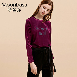 Moonbasa梦芭莎 2018冬装新品下摆绑带印花丝绒上衣女 L 酒红色