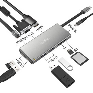 贱驴 Type-C扩展坞 USB-C转HDMI转换器雷电3充电转换头 带网口十合一多功能拓展坞适用苹果MacBook华为mate