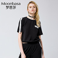 Moonbasa 梦芭莎 夏季潮流新款街头休闲装饰织带圆领小衫撞色T恤女 S 黑色