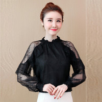 米兰茵 MILANYIN 2019新款宽松百搭立领荷叶边蕾丝衫小衫潮 MLYH547 黑色 2XL