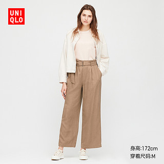 女装 麻混纺宽腿裤 (附腰带)(老爹裤) 424932 优衣库UNIQLO 165/78A/XL 69 藏青色