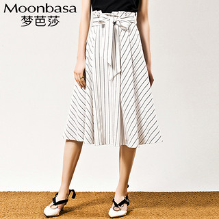 Moonbasa/梦芭莎时尚绑带条纹中长伞半裙 M 卡其色