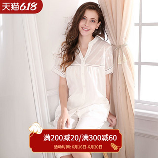 达尔丽夏季女睡衣v领甜美白色女士纯棉短袖七分裤薄款套装家居服 165(L) T881103