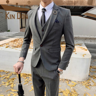金盾(kin don)西服套装 男2019秋季新款平驳领职业正装方格图案帅气